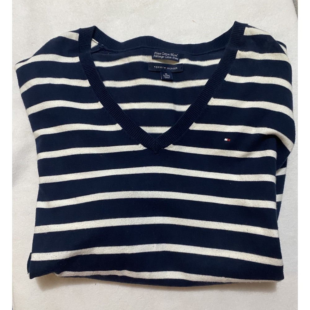 Tommy Hilfiger Women's XL Striped Sweater Pima Cotton V Neck Blue White Preppy